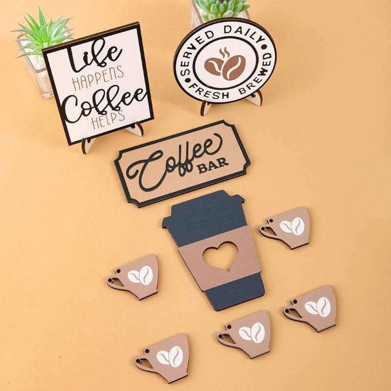 Coffee Bar Tiered Tray Decoration Wooden Coffee Sign Mini Coffee Cup Rustic Table Centerpieces for Farmhouse Kitchen