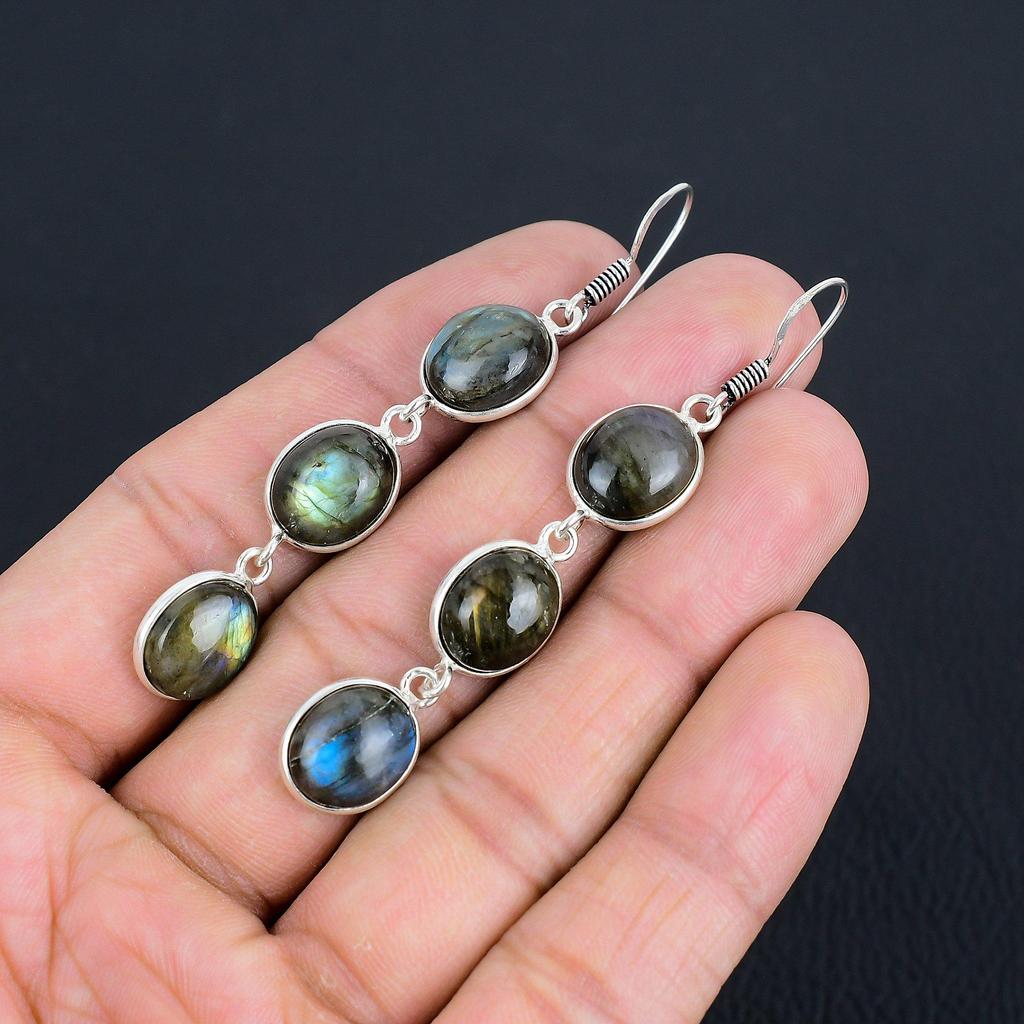 Серьги с натуральным лабрадоритом | Серебро 925 пробы | Серьги-крючки из проволоки | Серебряные серьги ручной работы с подвесками для женщин и девочек
