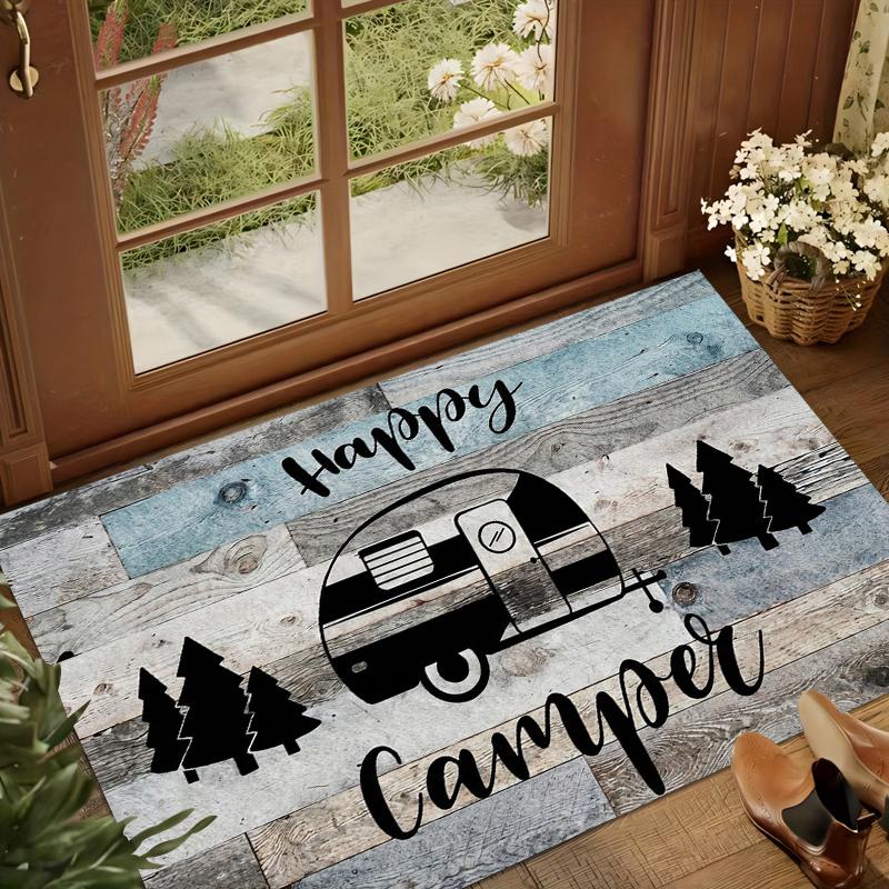 Happy Camper Theme Area Rug Non Slip Washable Stain Resistant Soft Foldable Carpet for Living Room Bedroom Entryway Cozy Decor
