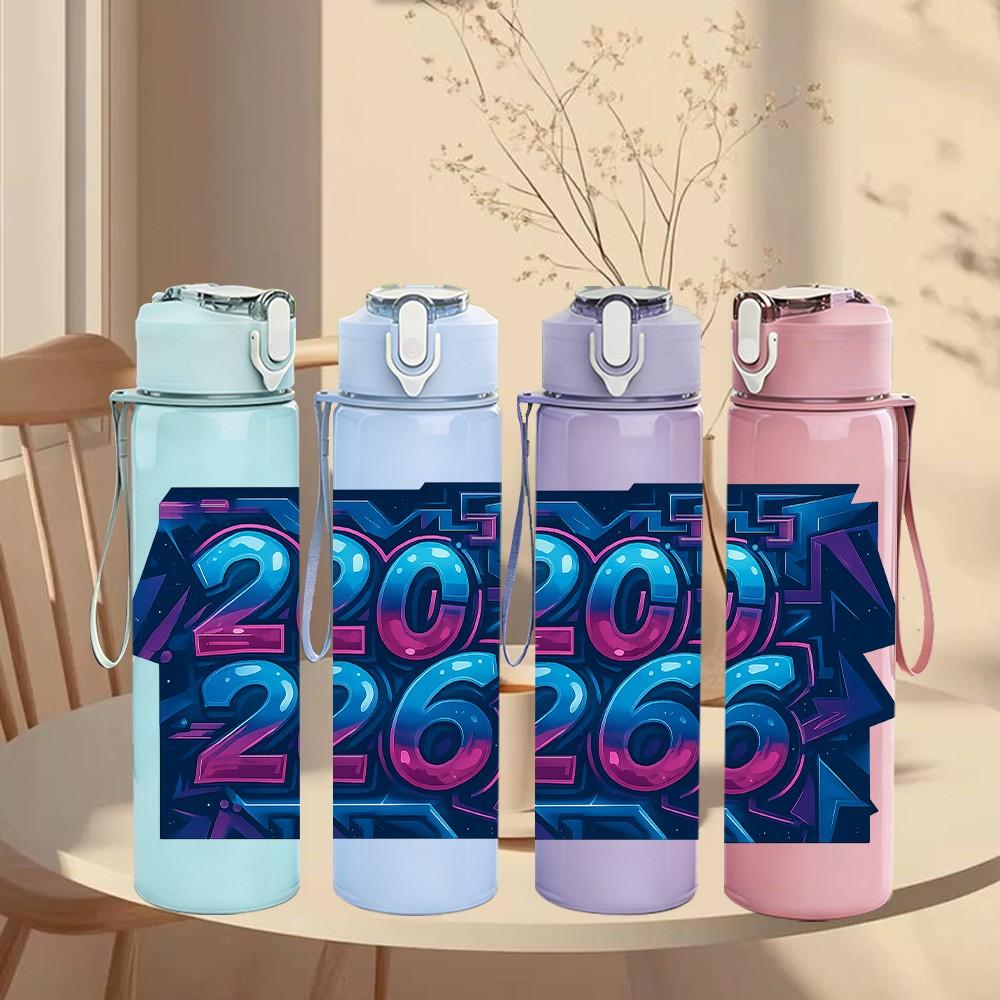 1PC Bold Number 2026 Art 750ml Color Plastic Sports Water Bottle Leakproof Flip Straw Lid Suitable for Sports Office Home Use