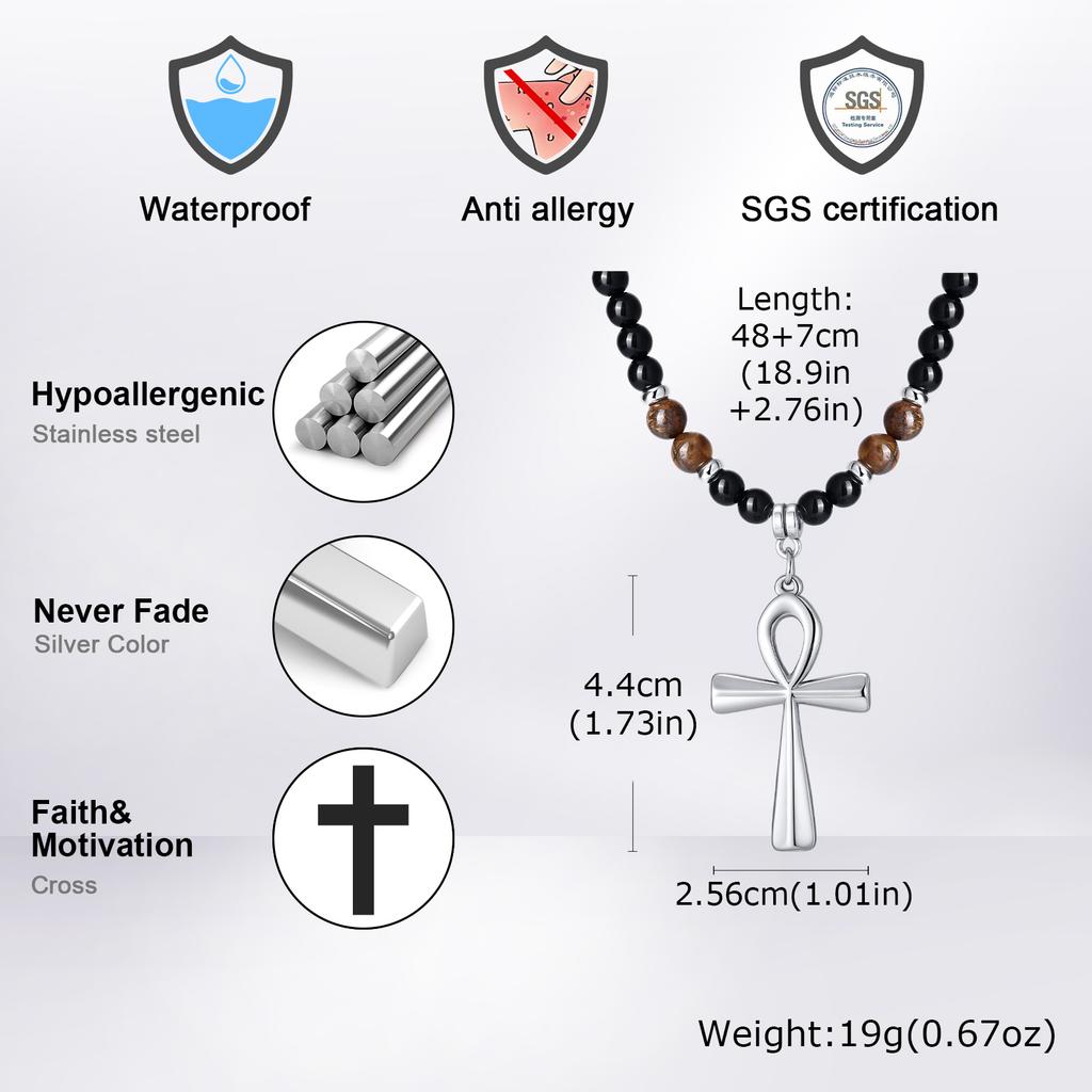 Fashion Stainless Steel Anka Cross Pendant Necklace, Natural Tiger Eye Stone Beaded Chain Necklace, Trendy Punk Jewelry for Men