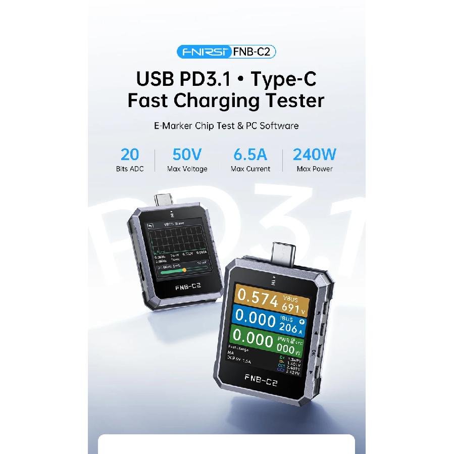 FNIRSI FNB-C2 Портативный Type-C Быстрая Зарядка измерение PD3.1 QC5.0 Макс. Мощность 240 Вт Цифровой Мощность, Смартфоны и USB Зарядные Устройства