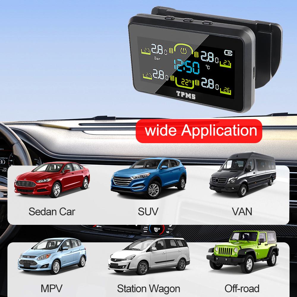 Автомобильная система мониторинга давления в шинах TPMS Тестер шин 4 датчика Цифровые часы Отображение температуры шин/салона Солнечная TPMS T14