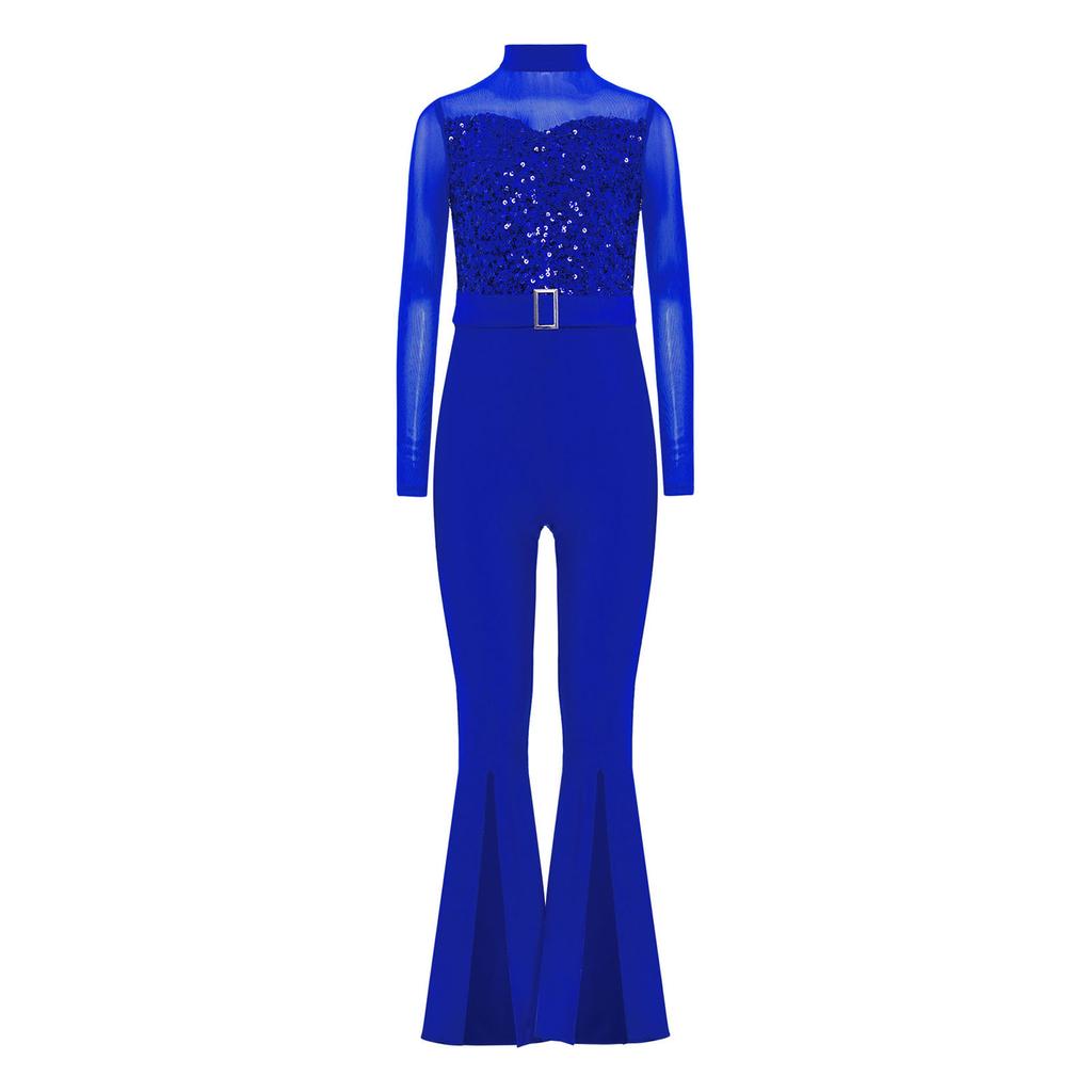 Костюм для джазового танца для девочек, комбинезон с длинными рукавами и вырезом на спине из прозрачной сетки, расширяющийся книзу, с пайетками