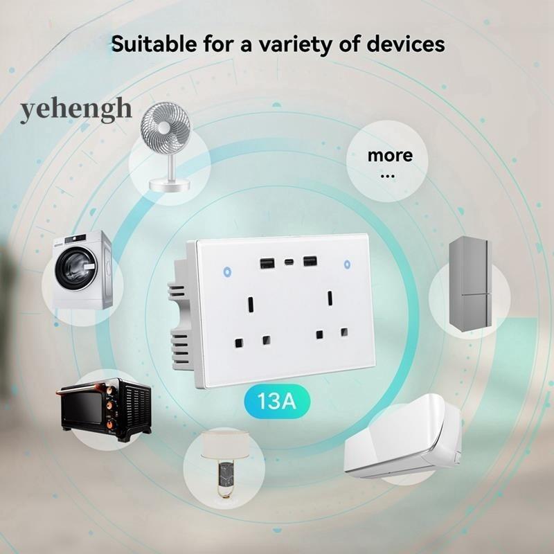 13A 2-way Smart Standard Wall Socket UK Outlet USB Type-C Charging Ports WiFi Remote Energy Monitoring Plug Touch Switch
