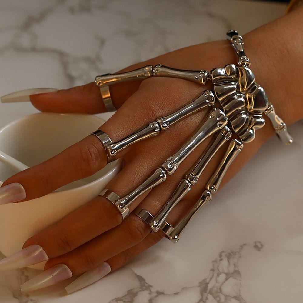 for Men Women Elasticity Party Adjustable Halloween Bangle Skull Skeleton with Ring Hand Bracelet