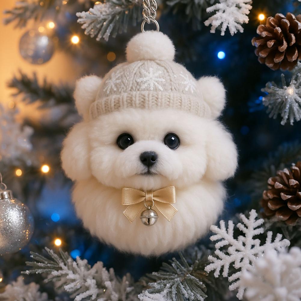 Pom-Pom Pet Ornament 2D Acrylic Cute Dog Christmas Ornament Cartoon Furry Pet Shaped Xmas Tree Hanging Decor for Holiday Party