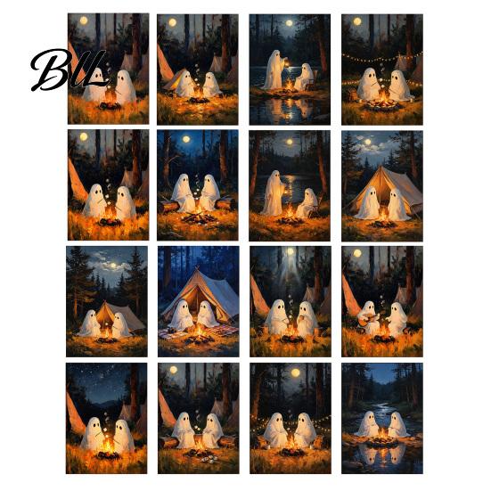Gothic Mural Print Vintage Cute Ghost Canvas Wall Art, Spooky 2 Ghosts Campfire Decor Hanging Poster, Halloween Decoration for Bedroom Living
