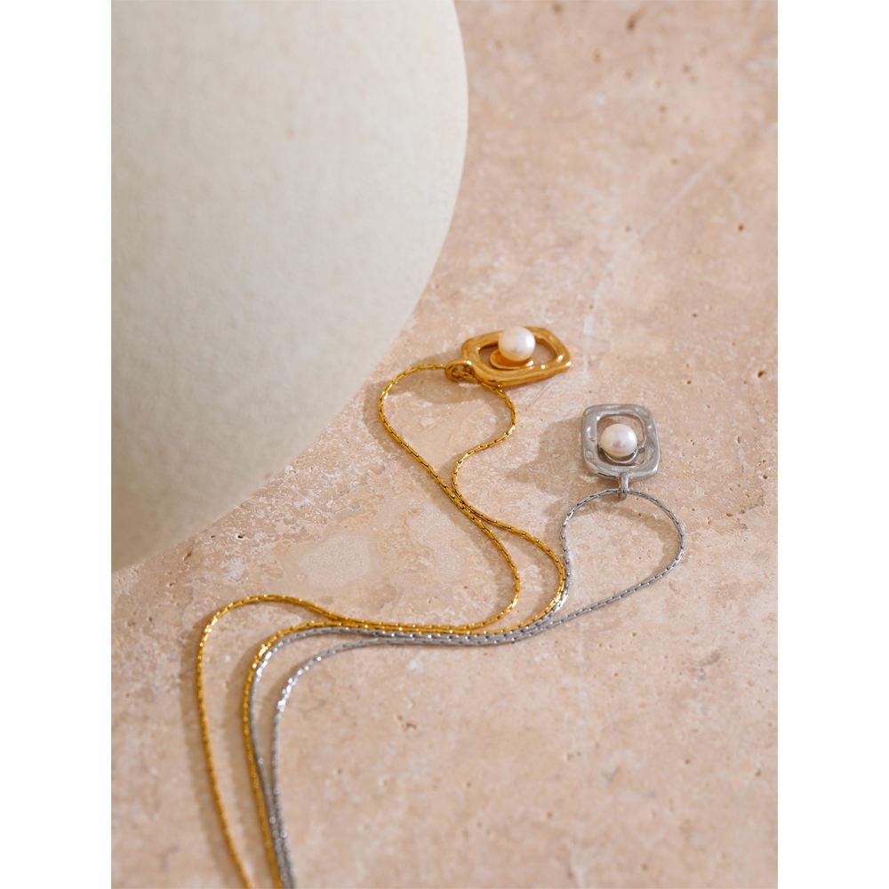 Yhpup Stainless Steel Natural Pearl Small Rectangle Chic Pendant Necklace Waterproof PVD Plated Popular Collar Jewelry Wholesale