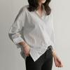 1116 autumn new medium and long loose blue vertical striped BF large size long-sleeved shirt women's summer