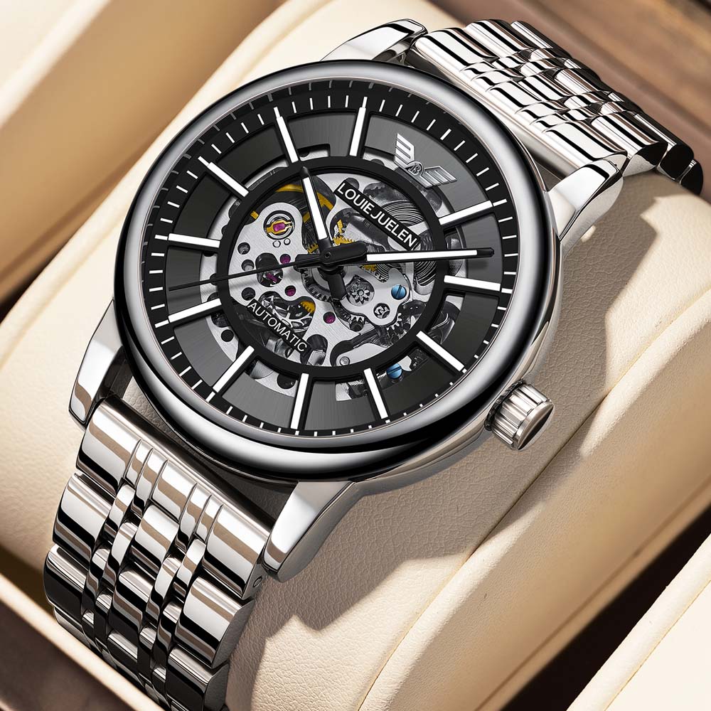 LOUIE JUELEN Men's Watch Automatic Mechanical Watch Skeleton Design Luminous Fashion Men's Mechanical Wristwatch