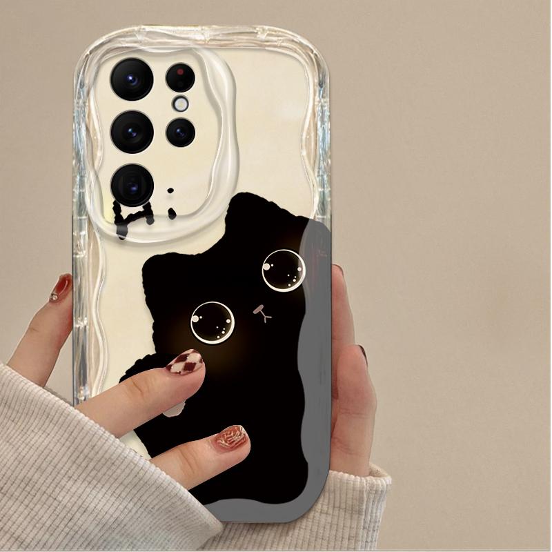 Мультяшный чехол с большими глазами черного кота для Samsung Galaxy S25 S24 Ultra S23 S22 S21 S20 Plus FE A56 A36 A26 A17 A07 Мягкий силиконовый чехол