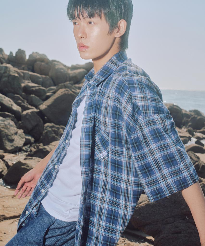XTONZ Xts039 One Pocket Check Half Shirt (Blue)