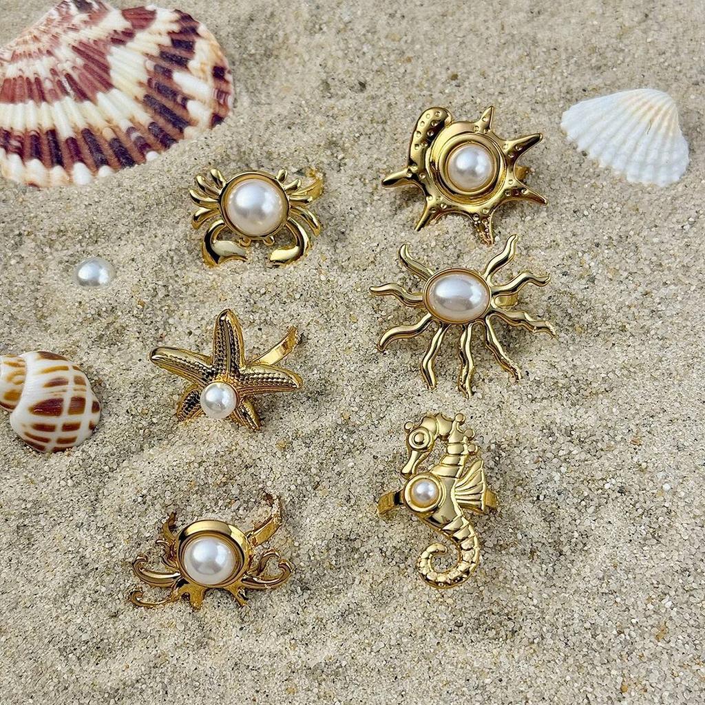 SHIXIN 6Pcs Creative Stainless Steel PVD18K Plated Gold Color Open Rings Women Trendy Imitation Pearl Finger Ring Daily Jewelry