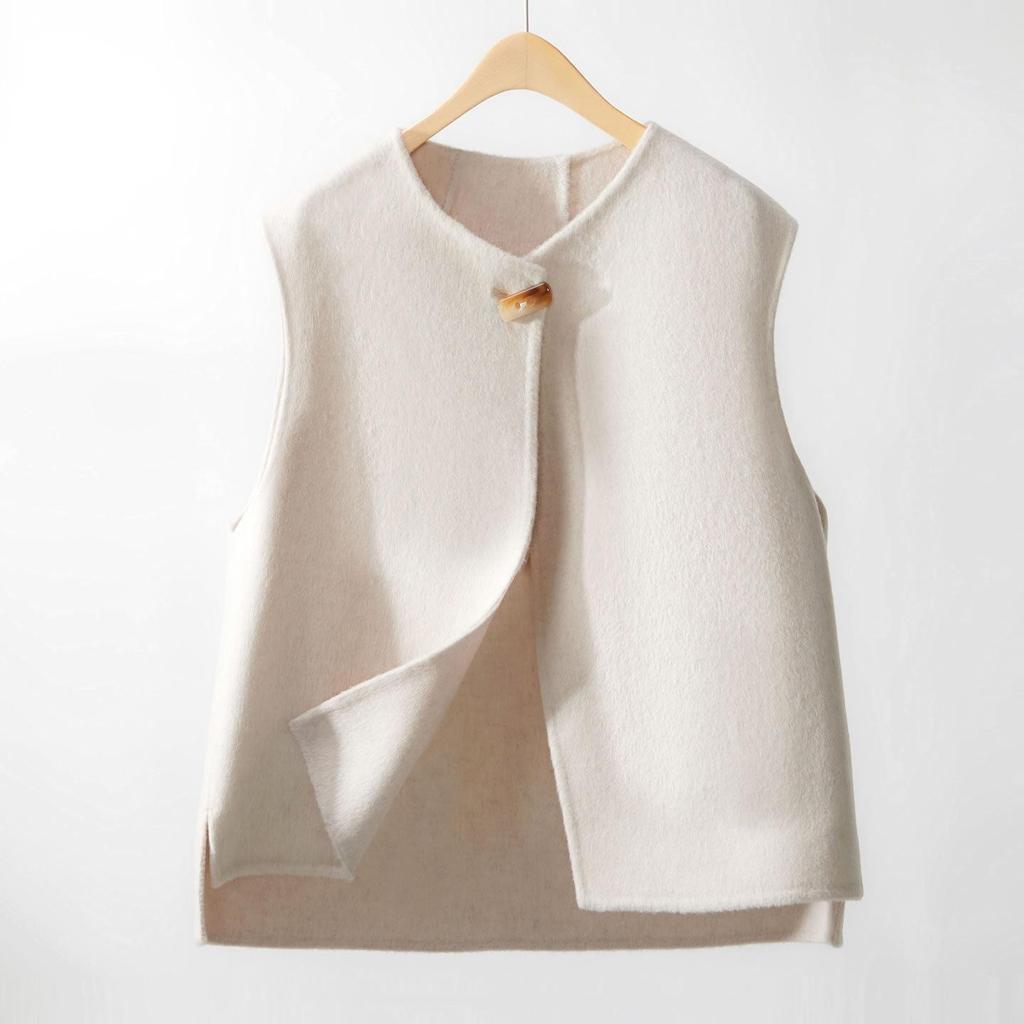 Women's 2025 Asymmetrical Gray Wool Vest - Round Neck, Button-Up, Sleeveless for Spring & Autumn Fashion