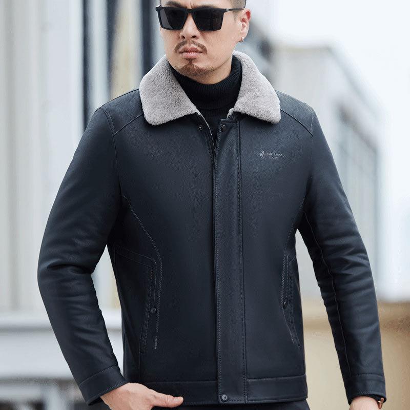 Пуховик из натуральной кожи, Мужская короткая приталенная куртка из овечьей шерсти с лацканами, зимняя кожаная куртка, модная