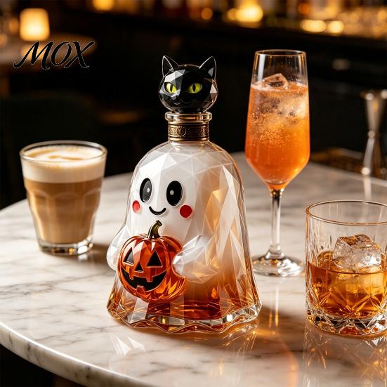 Halloween Party Drinkware Ghost Pumpkin Wine Decanter, Horror Theme Glass Bottle with Black Cat Lid, Spooky Decanter Liquor for Movie Nights