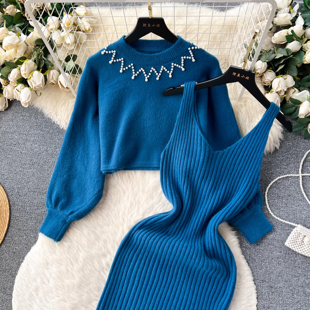 Осень-зима женский элегантный вязаный свитер комплект из двух предметов женский тонкий облегающее платье-футляр и пуловер с бисером топы костюм