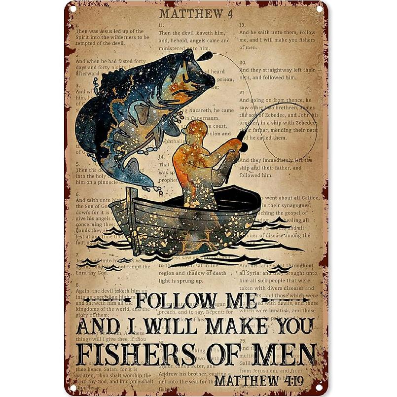 UOAIUDT Vintage Fishing Metal Plaque Poster Follow Me And I Will Make You Fishers Of Men Retro Metal Tin Sign Plaque Wall Decor Gift For Bathroom