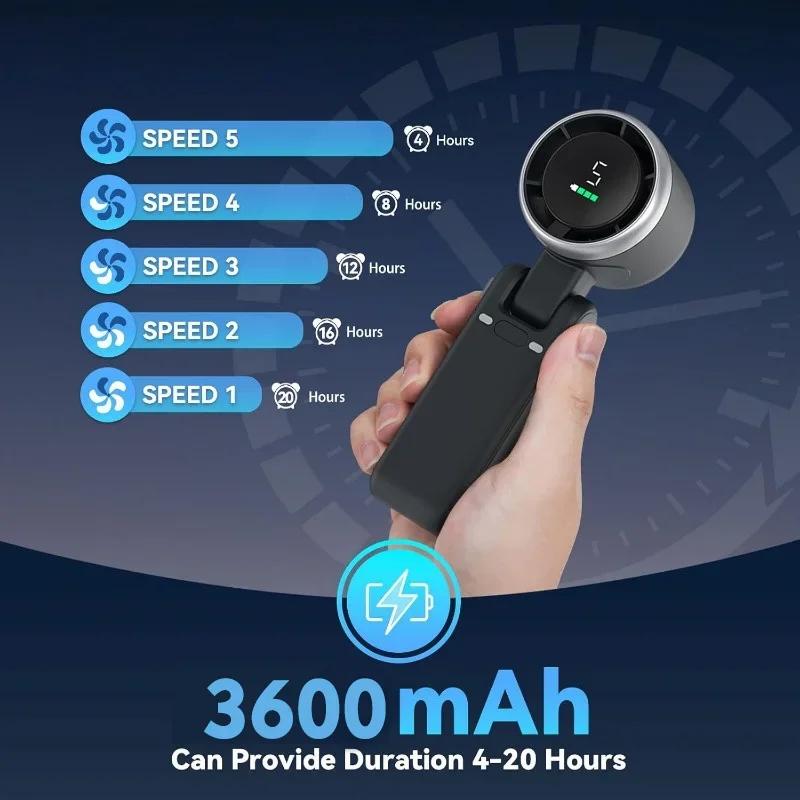 Мини-портативный ручной вентилятор со светодиодным дисплеем, 150° складной, 3-в-1, 5 скоростей, 3600 мАч, многофункциональный персональный вентилятор для рук/стола/шеи
