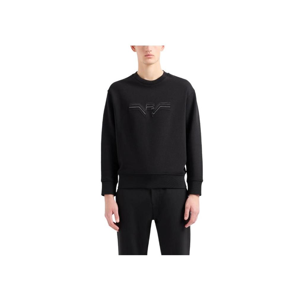 Emporio Armani Свитшот мужской с вышитым логотипом, однотонный, с круглым вырезом, длинным рукавом, SS24, цвет черный, 3D1M75-1JWPZ-0999