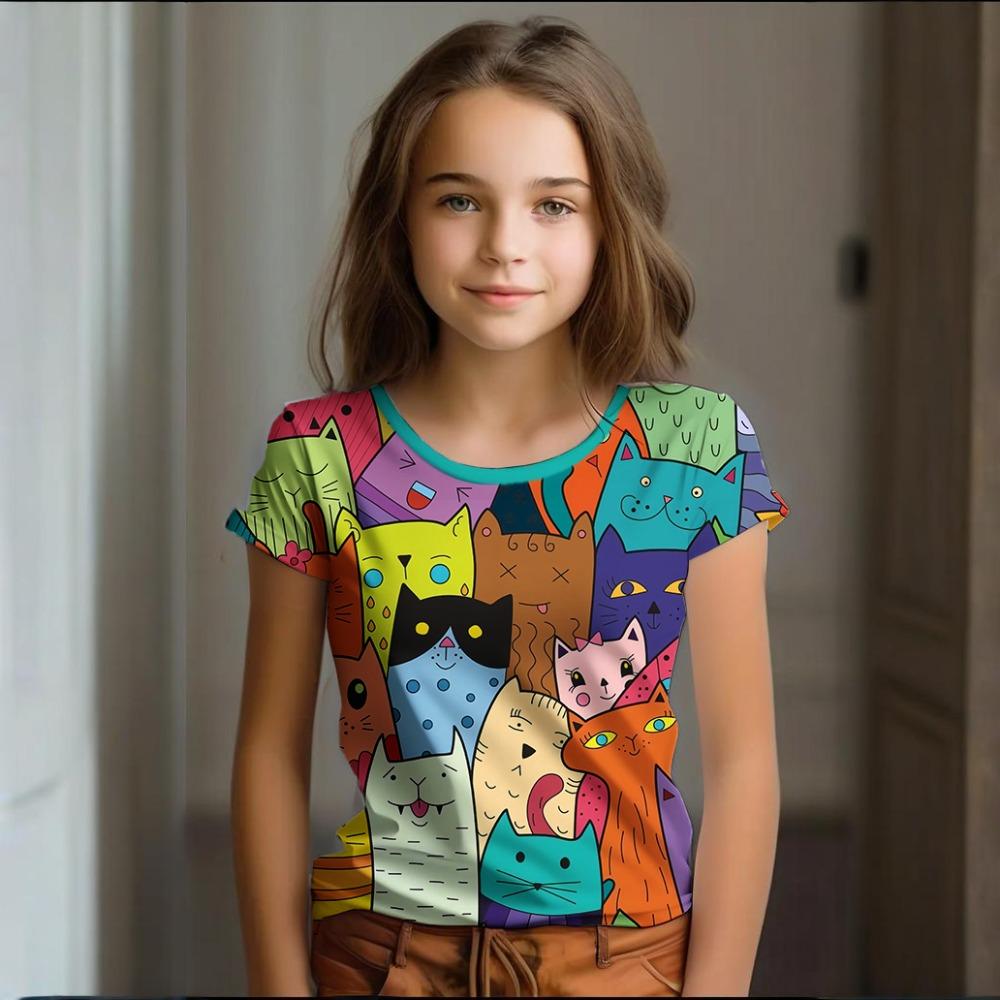 Девочка Одежда Лето Мультяшный Кот Графика Детская Одежда Рисование Короткий Рукав Круглый Вырез Топ