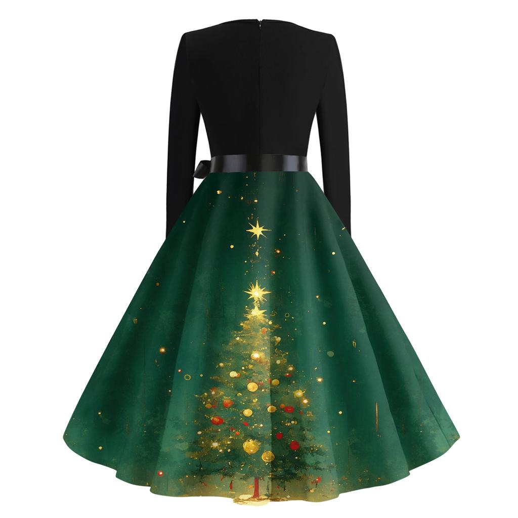 Women's Casual Fashion V-neck Long Sleeved Retro Christmas Print Retro Dress