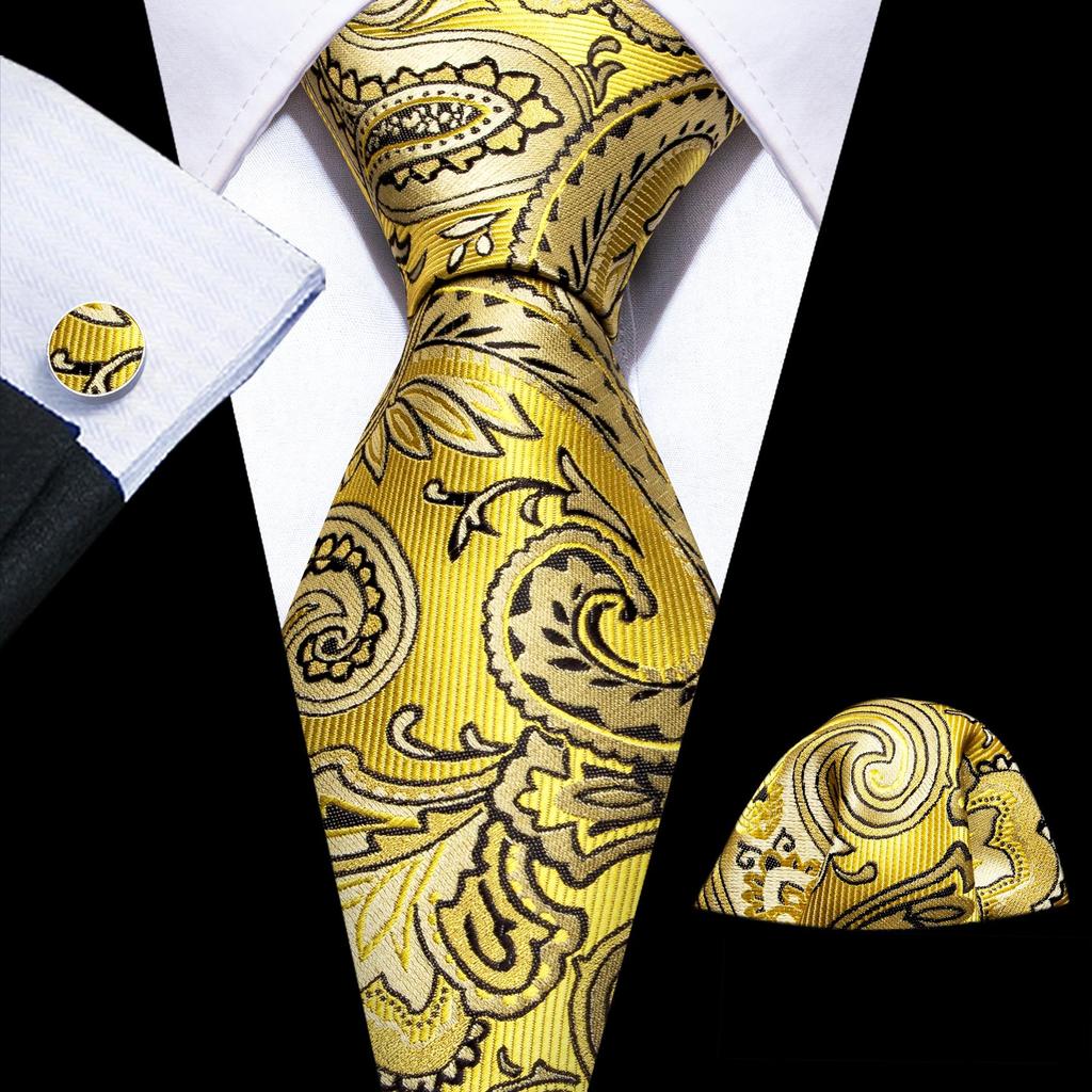 Barry.Wang Necktie Hankerchief Cufflinks Set Earth Yellow Paisley Jacquard Woven Wedding
