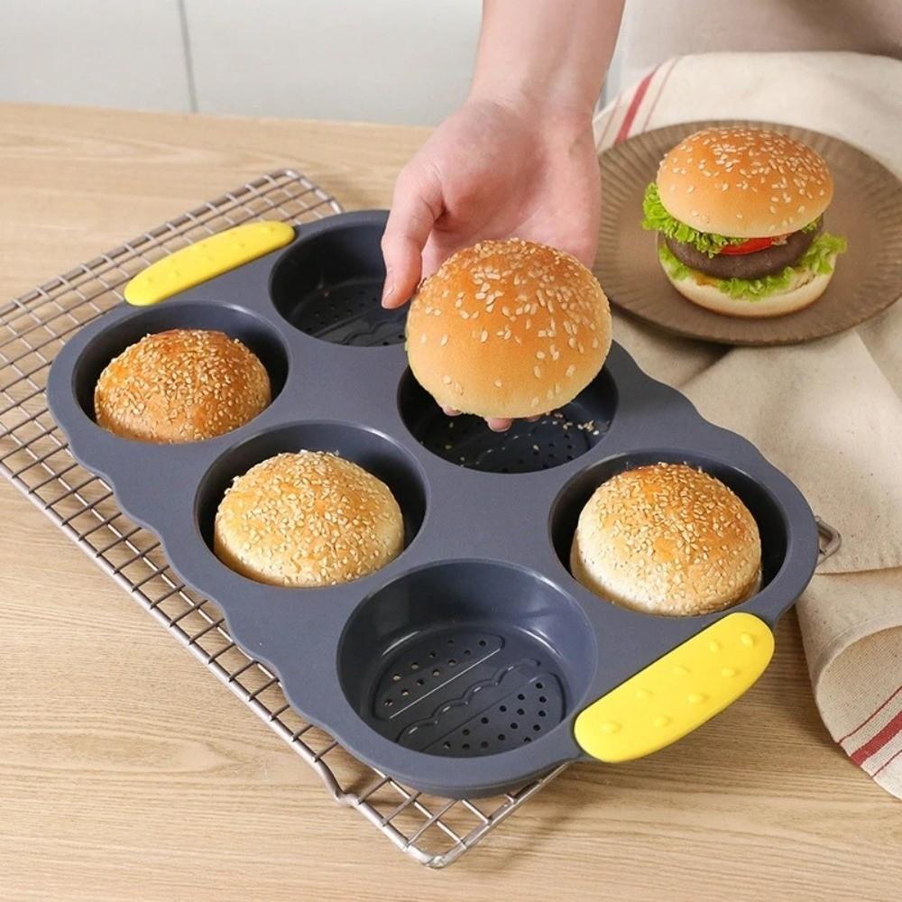 Heat Resistant Hamburger Bun Mold 6 Cavity Burger Bun Maker Soft Bread Loaf Pan Kitchen Use