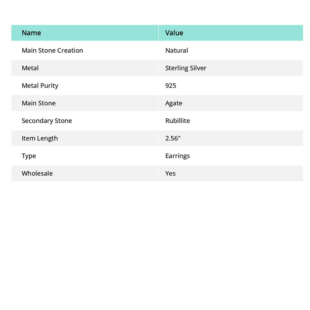 Серьги из натурального трубчатого агата, рубиллита, стерлингового серебра 925 пробы, 2,56 дюйма, P3P44