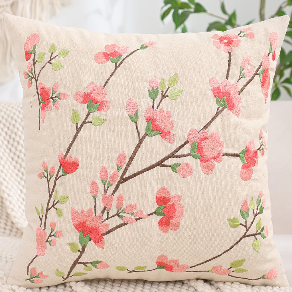 1 Pc Spring Throw Pillow Cover Embroidery Canvas Living Room Sofa Home Decoration Flowers Bird Leaves