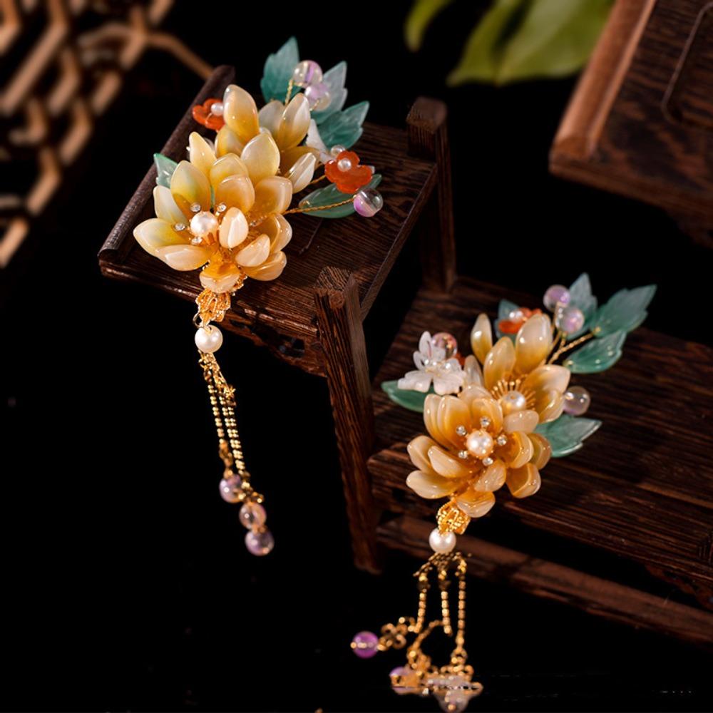 Tassel Floral Hair Stick Pearl Flower Hair Comb Elegant Tang Dynasty Hairpin Jewelry