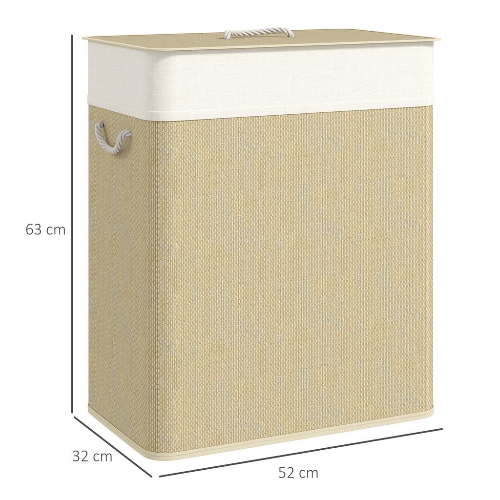 2 Section Laundry Basket with Lid, 100L Bamboo Laundry Hamper with Handles, Removable and Washable Liner, Cream White