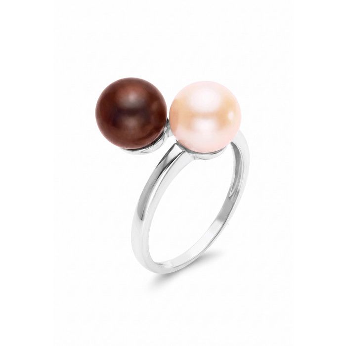 Bague - Pearls &amp; Colors - Véritables Perles d'Eau Douce 7-8 mm - Argent 925 - Rose Naturel &amp; Chocolat