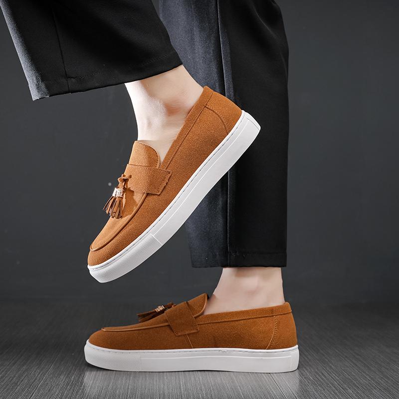 Новые замшевые мокасины повседневная обувь флок коричневые дышащие слипоны кисточки весенние мужские туфли размер 38-48 Zapatos De Hombre