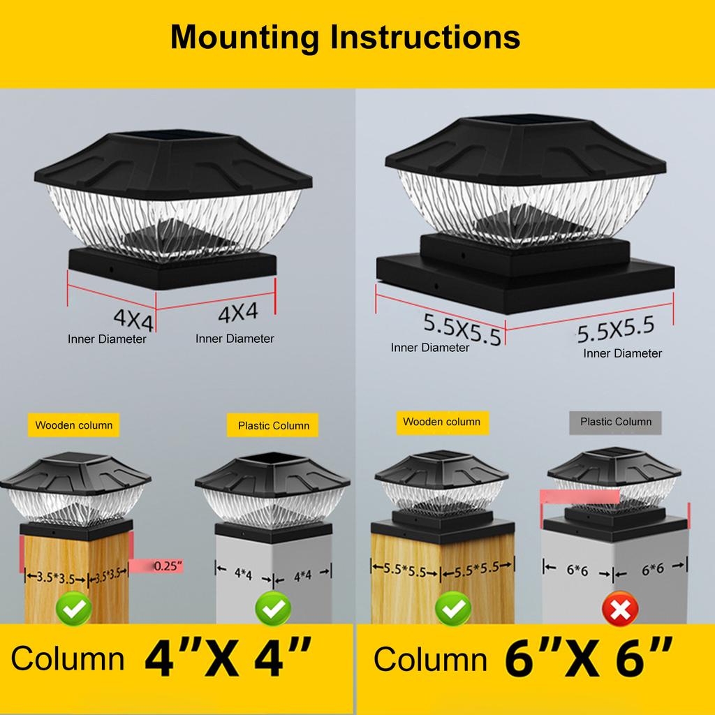 Outdoor Waterproof Solar Pillar Light Patio Garden Fence Gate Post Light 6X6 inch 600mAh Battery