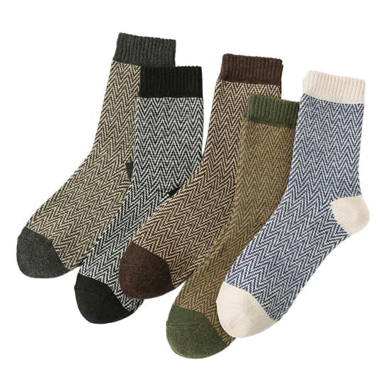 5 Pairs Men Winter Socks Mid-tube Thick Thermal Insulation Ethnic Style Home Bedroom Wear Floor Socks Colorblock Anti-slip Knitted Daily Wear Socks
