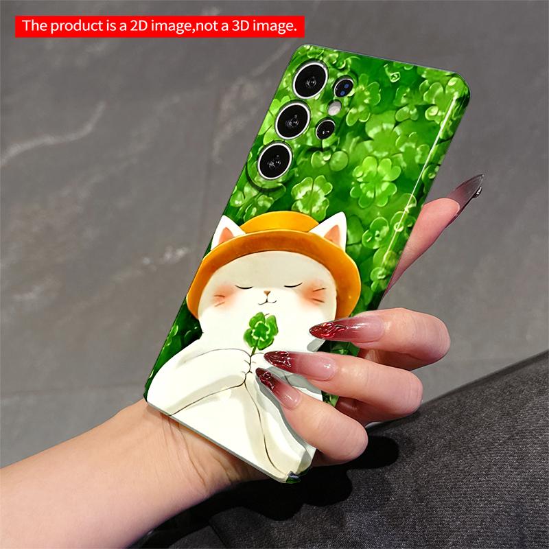 2DFlat Samsung phone case Hat Holding Clover Amid Green Leaves Applicable to Galaxy S23 S24 S25ULTRA S26 A12 A14 A15 A16 A54 A55
