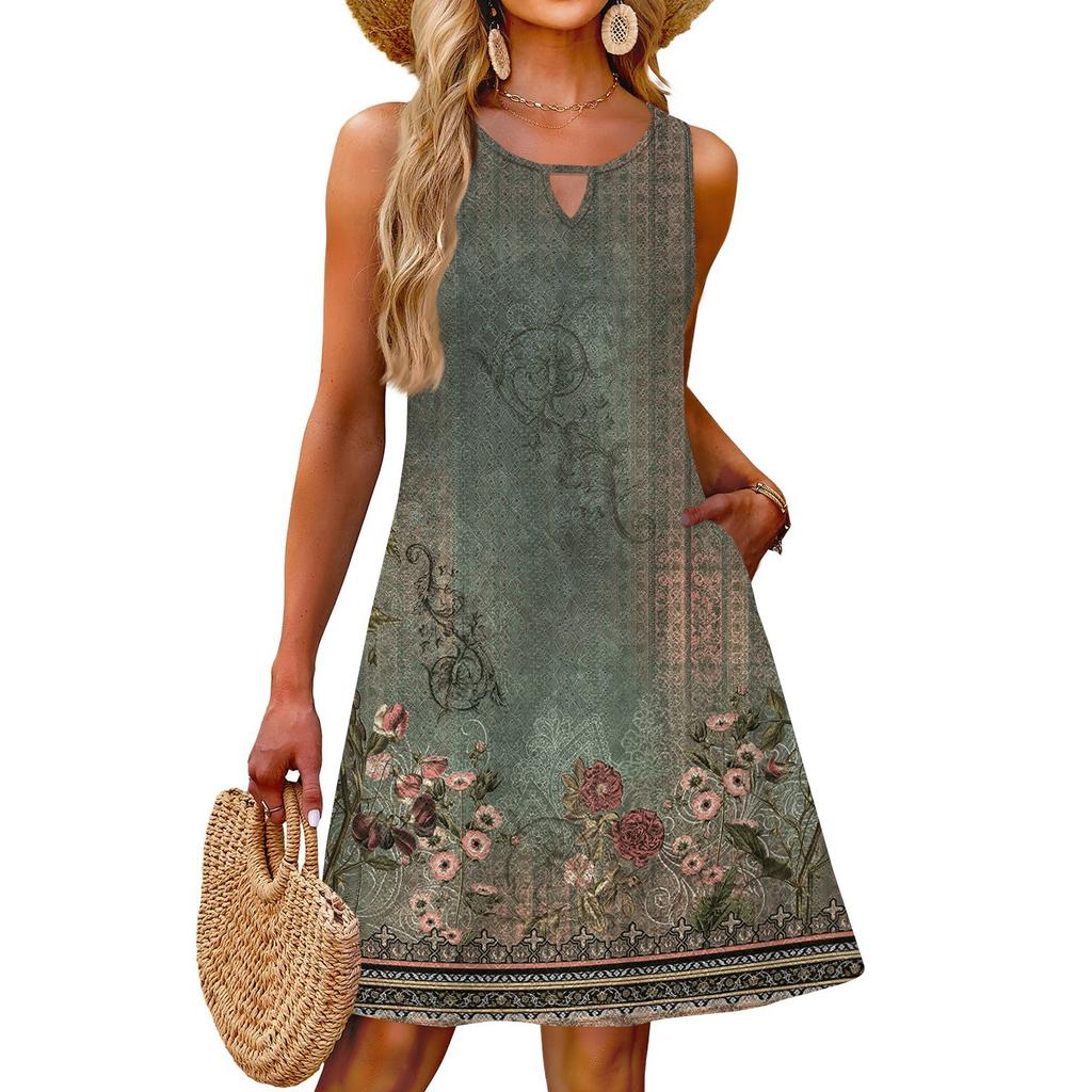 Ladies Fashion Casual Summer Vintage Floral Print Dress With Pocket Beach Holiday Vest Dress