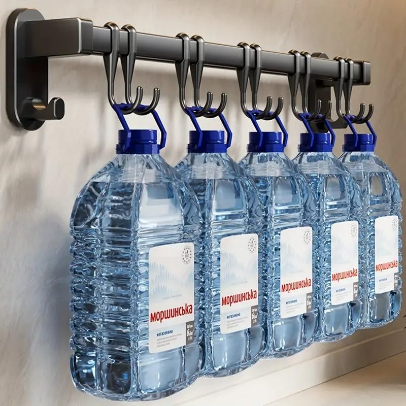 Adhesive Wall Mounted Pot Pan Rack, Kitchen Wall Mounted Detachable Pan Lid Utensils Organizer Hanging Rail with 6 Hooks