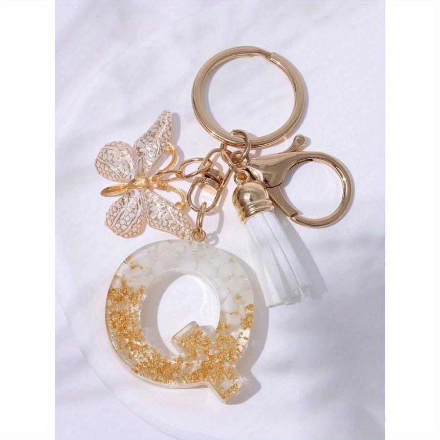 Cute Initial Letter Keyrings White Keychen, Capital Alphabet Gold Foil Resin Keychain Charm with Butterfly Tassel Pendant, Thanksgiving