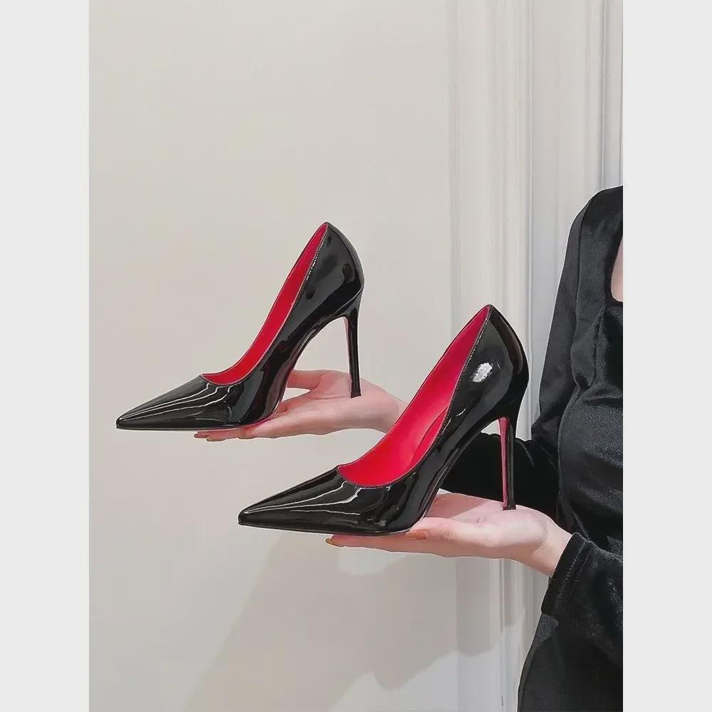 "2023 Black Patent Leather Red Bottom Stiletto Heels - Pointed Toe, High-End Sexy Pumps for Nightclub & Work"