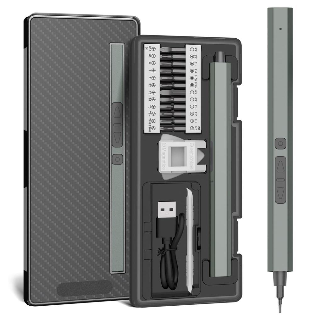 AMZDIGI Электрическая прецизионная отвертка Максимальный крутящий момент вперед и назад Светодиод для инструментов для самостоятельного ремонта Набор 30-в-1, 2 уровня крутящего момента, 3 Н·м, Форма ручки, Выдвижная