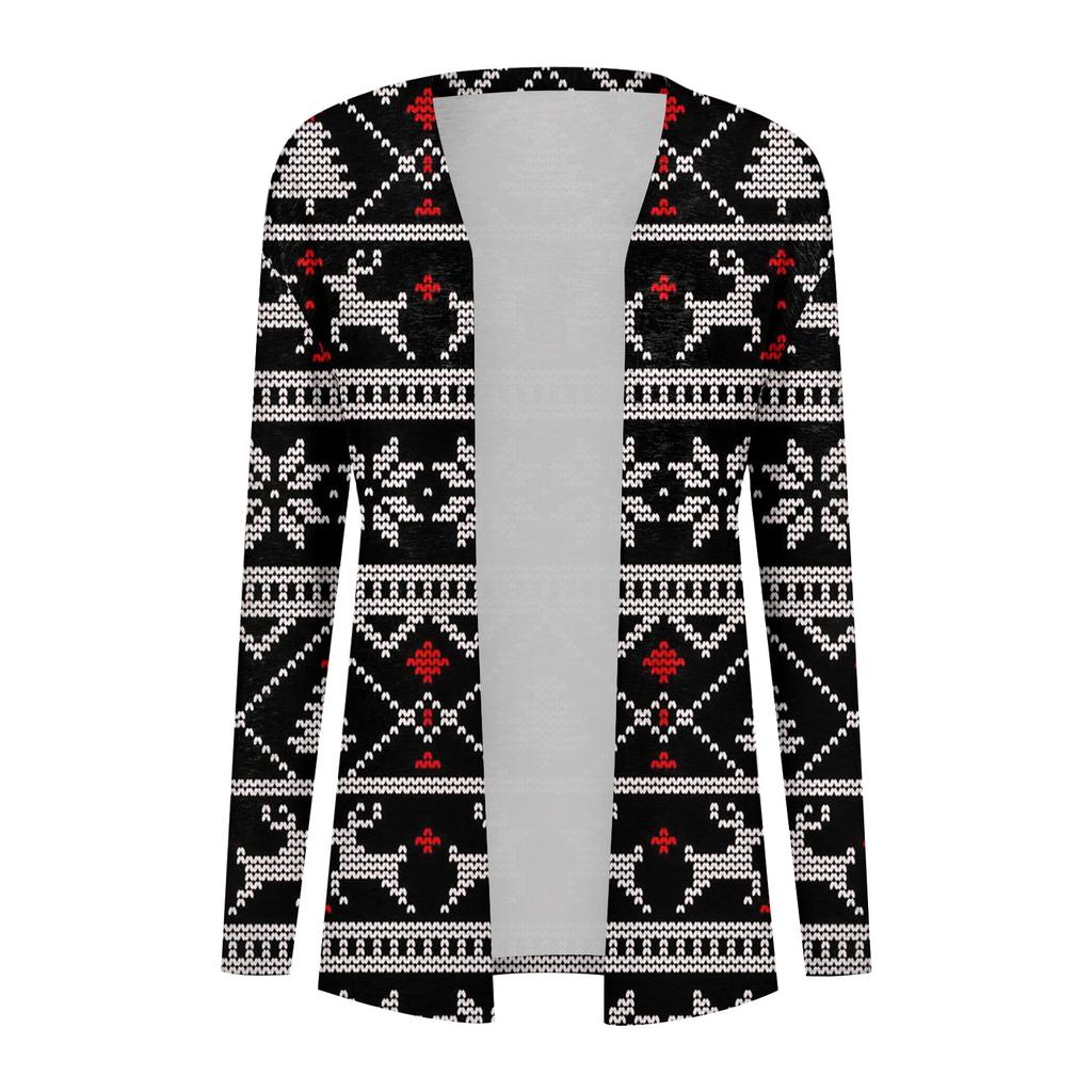 Women's Casual Floral Christmas Print Mid-length Cardigan Coat