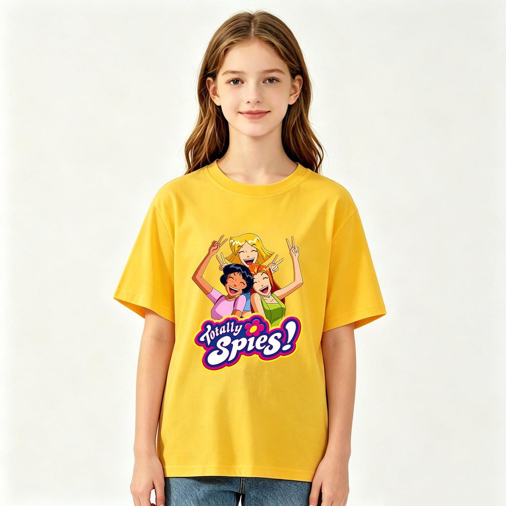 Детская футболка с мультяшным принтом "Totally Spies", 100% хлопок, уличная одежда, для мальчиков и девочек, с коротким рукавом, повседневная, летняя, для малышей.