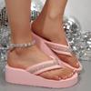 Fashion Crystal Wedge Flip Flops for Women 2025 Summer Thick Sole Non Slip Beach Slippers Woman Pink Clip Toe Platform Sandals