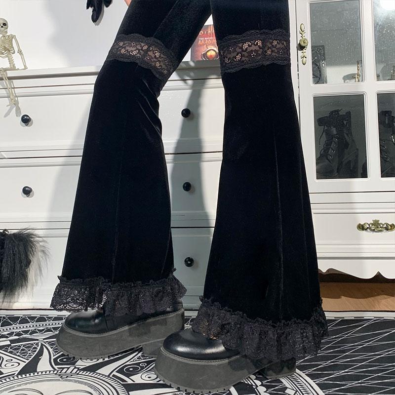 2021 Autumn Women Goth High Waist Hip Hop Flared Pants Female Sexy Lace Patchwork Harem Trousers Ladies Vintage Elegant Velvet Christmas Pants