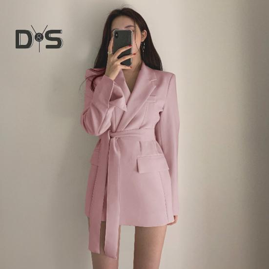 Весна Осень Костюм Пальто Длинный Рукав Шнуровка Ремень Талия Костюм Пиджак Однотонный Цвет Карманы Клапаны Средняя Длина Деловая Верхняя Одежда