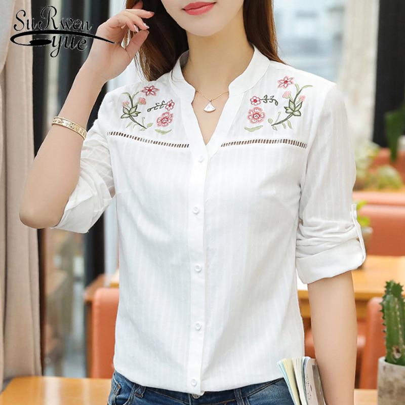 SURWENYUE модная белая женская рубашка с длинными рукавами и v-образным вырезом, одежда с вышивкой, женские топы больших размеров