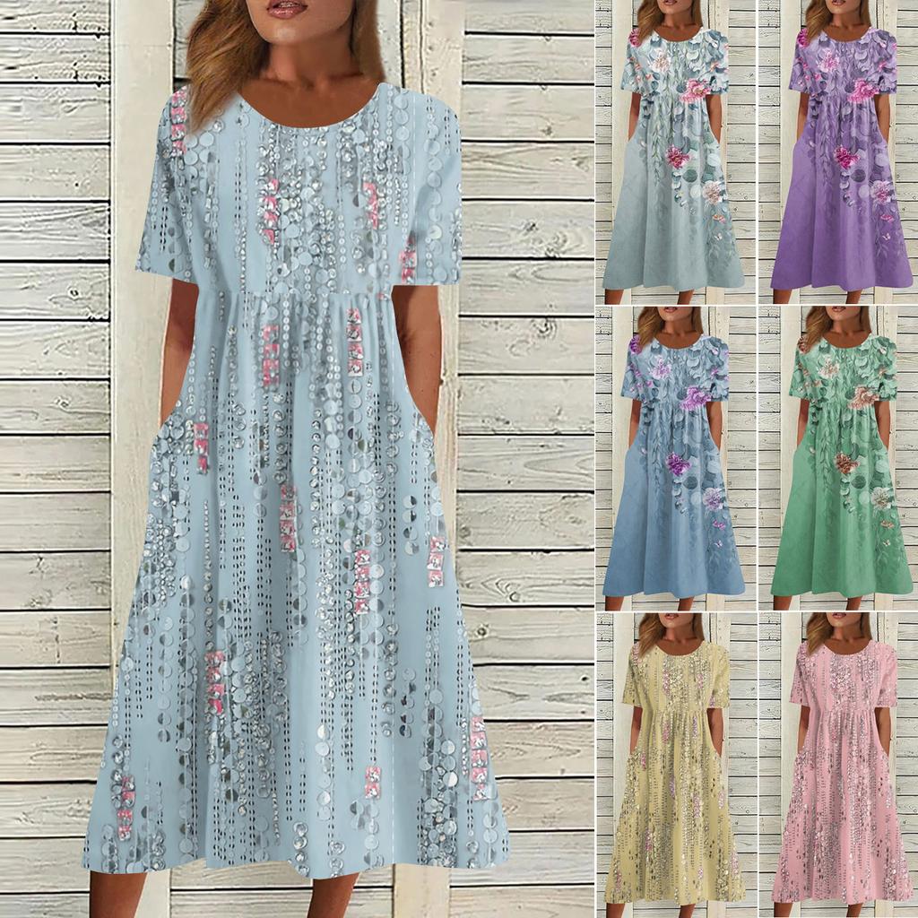 Women's Casual Dresses Printed Dresses Summer Dresses Printed Pleated Round Neck Midi Dresses Basic Classic Outdoor Daily Short Sleeve Loose Dresses